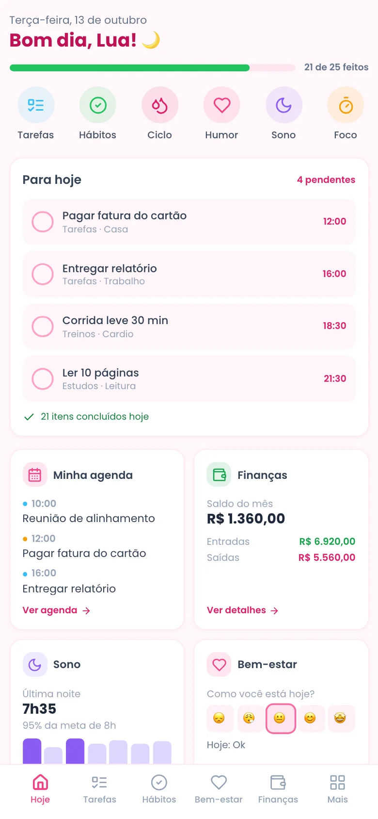 Tela Hoje do Lunart no celular